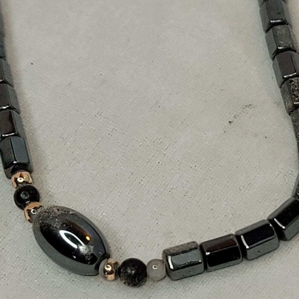Vintage Hematite 16" Necklace Polished Barrel Shaped Bead Excellent Condition